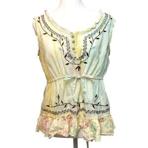 Vintage Y2K Tokyo Denim Yellow Silk Hippie Embroider Bead Tank Blouse Top Medium